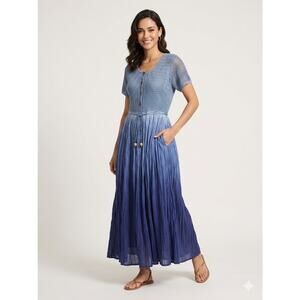 Chaudry 100% Cotton Crochet Bodice Maxi Dress Blue Ombré Broomstick Skirt Small